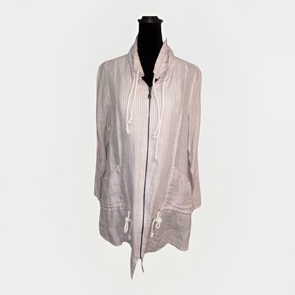 Soft Surroundings Striped 100% Linen Full Zip Lightweight Jacket Drop Waist M/L‎